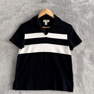 Talbots Petite Polo Top Womens P Black White Stripe Johnny Collar Roll Cuff